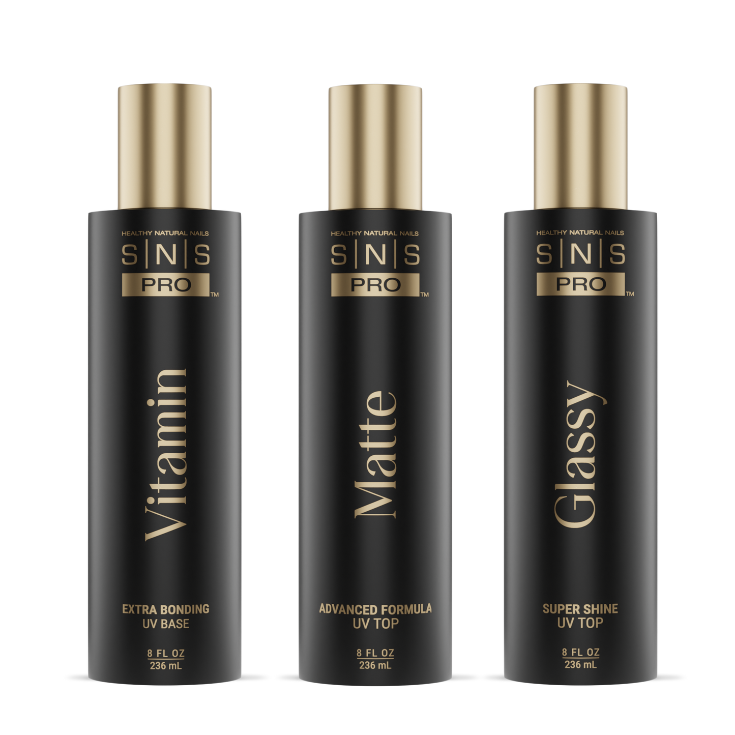 SNS Matte UV Gel Top Coat, Glassy Super Shine UV Gel Top Coat, Vitamin Extra Bonding UV Gel Base Coat 8oz
