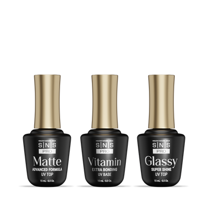 SNS Matte UV Gel Top Coat, Glassy Super Shine UV Gel Top Coat, Vitamin Extra Bonding UV Gel Base Coat 15ml