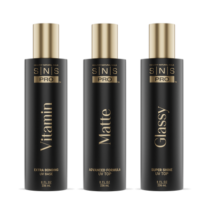SNS Matte UV Gel Top Coat, Glassy Super Shine UV Gel Top Coat, Vitamin Extra Bonding UV Gel Base Coat 8oz